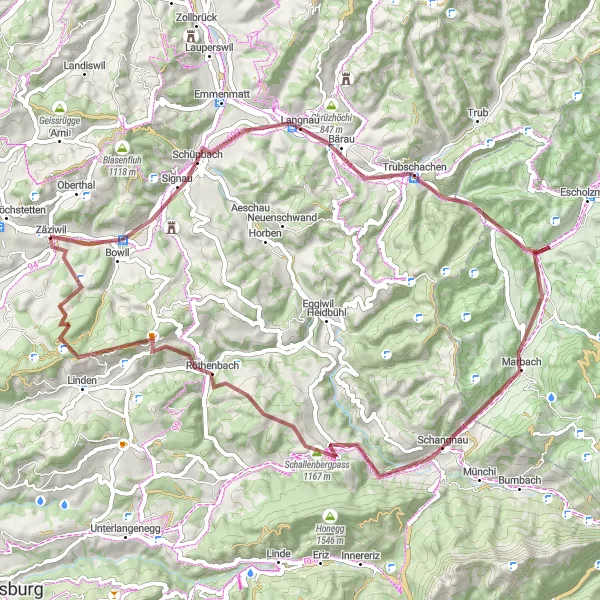Mapa miniatúra "Gravel Route via Spitze Chnubel" cyklistická inšpirácia v Espace Mittelland, Switzerland. Vygenerované cyklistickým plánovačom trás Tarmacs.app