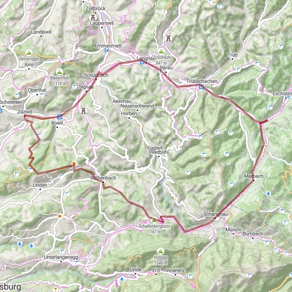 Miniatuurkaart van de fietsinspiratie "Zäziwil - Leenhubel" in Espace Mittelland, Switzerland. Gemaakt door de Tarmacs.app fietsrouteplanner