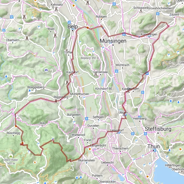 Miniatura della mappa di ispirazione al ciclismo "Percorso in bicicletta gravel da Zäziwil a Zäziwil attraverso Kiesen e Münsingen" nella regione di Espace Mittelland, Switzerland. Generata da Tarmacs.app, pianificatore di rotte ciclistiche