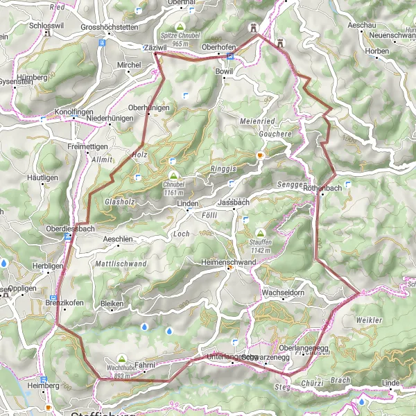 Kartminiatyr av "Spitze Chnubel Loop på grusväg" cykelinspiration i Espace Mittelland, Switzerland. Genererad av Tarmacs.app cykelruttplanerare