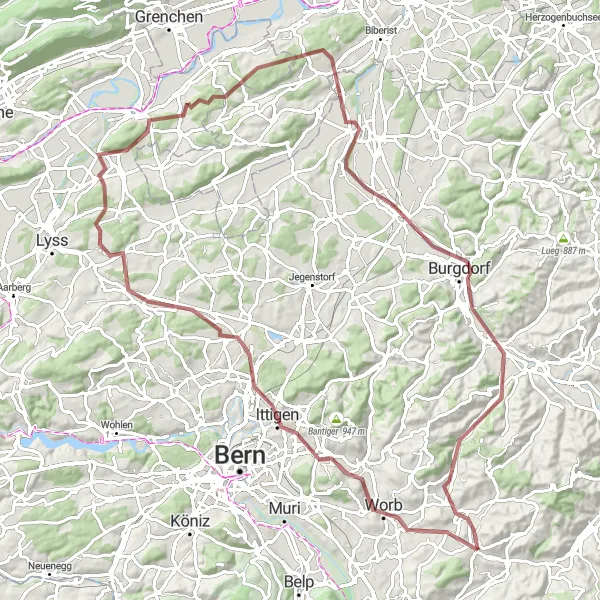 Miniaturekort af cykelinspirationen "Gravel Rundtur Worb-Burgdorf" i Espace Mittelland, Switzerland. Genereret af Tarmacs.app cykelruteplanlægger