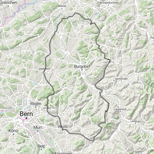 Mapa miniatúra "Road Route to Zäziwil" cyklistická inšpirácia v Espace Mittelland, Switzerland. Vygenerované cyklistickým plánovačom trás Tarmacs.app