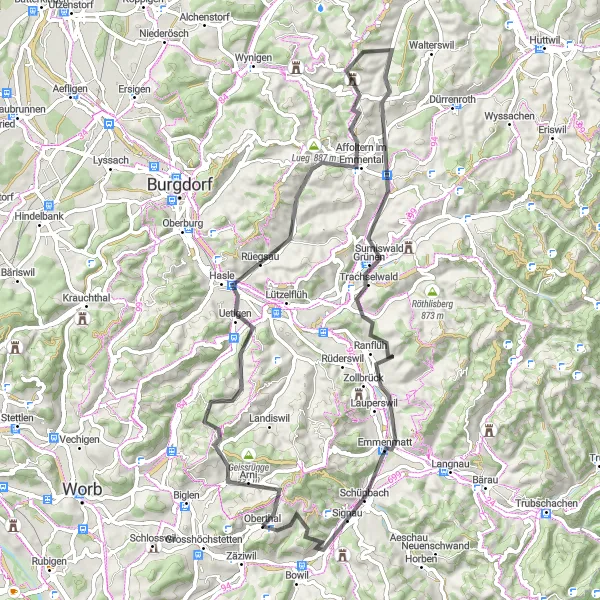Miniatura della mappa di ispirazione al ciclismo "Sfida ciclistica da Zäziwil" nella regione di Espace Mittelland, Switzerland. Generata da Tarmacs.app, pianificatore di rotte ciclistiche