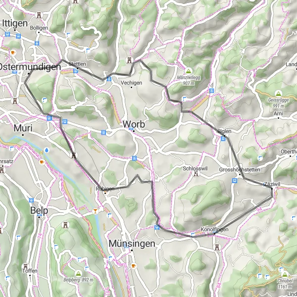 Kartminiatyr av "Veirute til Bern" sykkelinspirasjon i Espace Mittelland, Switzerland. Generert av Tarmacs.app sykkelrutoplanlegger