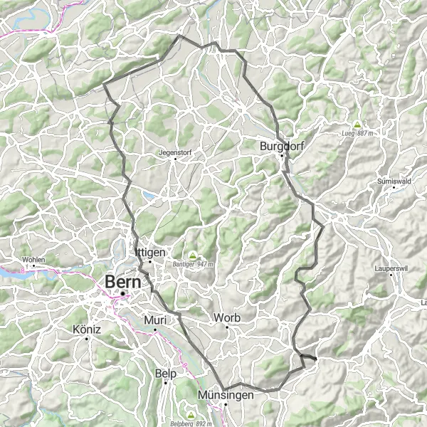Mapa miniatúra "Road Cycling Tour to Grosshöchstetten" cyklistická inšpirácia v Espace Mittelland, Switzerland. Vygenerované cyklistickým plánovačom trás Tarmacs.app