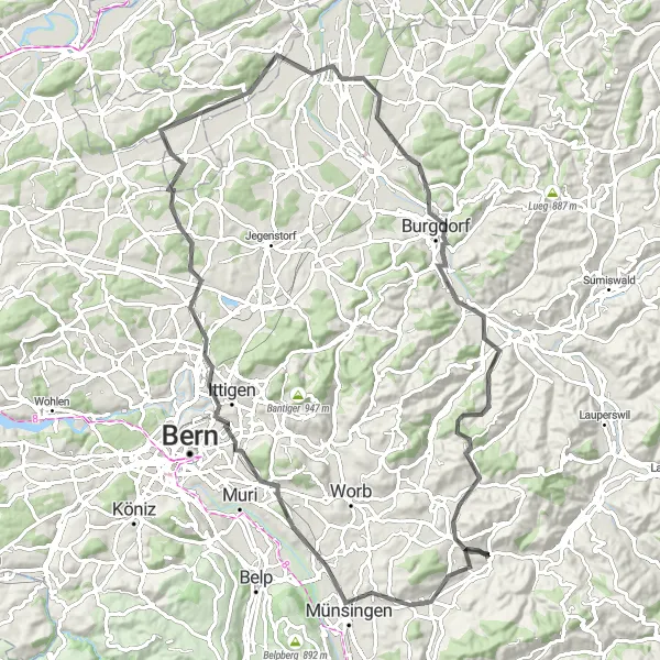 Karttaminiaatyyri "Konolfingen - Ballenbühl - Ostermundigeberg - Hasle - Grosshöchstetten" pyöräilyinspiraatiosta alueella Espace Mittelland, Switzerland. Luotu Tarmacs.app pyöräilyreittisuunnittelijalla