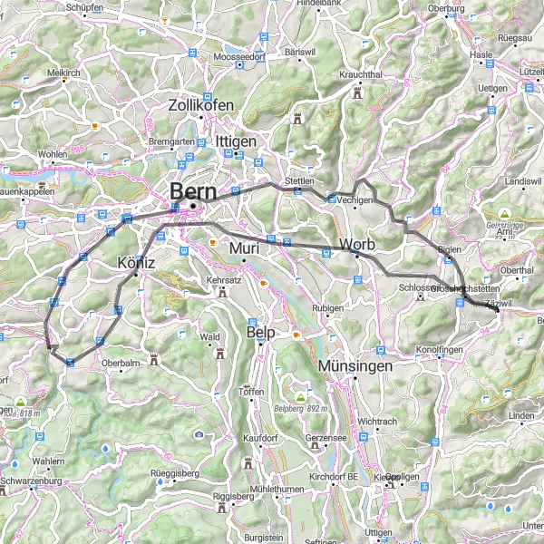 Miniaturekort af cykelinspirationen "Panorama rundtur fra Zäziwil til Bern" i Espace Mittelland, Switzerland. Genereret af Tarmacs.app cykelruteplanlægger