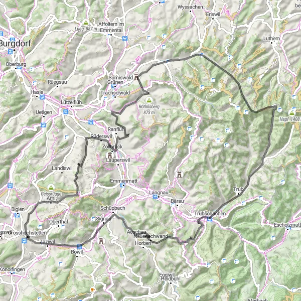Zemljevid v pomanjšavi "Cesta road kolesarska pot" kolesarske inspiracije v Espace Mittelland, Switzerland. Generirano z načrtovalcem kolesarskih poti Tarmacs.app