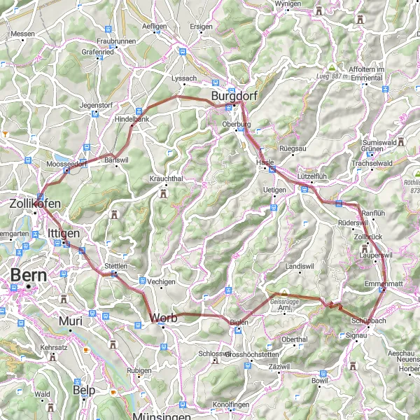 Karten-Miniaturansicht der Radinspiration "Gravel-Abenteuer rund um Zollikofen" in Espace Mittelland, Switzerland. Erstellt vom Tarmacs.app-Routenplaner für Radtouren
