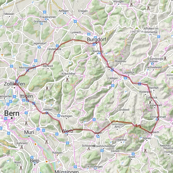 Map miniature of "Zollikofen – Espace Mittelland Gravel Explorations" cycling inspiration in Espace Mittelland, Switzerland. Generated by Tarmacs.app cycling route planner