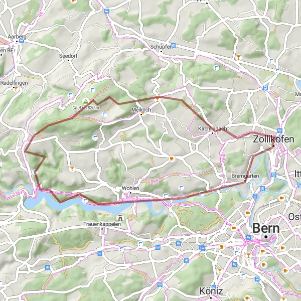 Zemljevid v pomanjšavi "Razburljiva makadamska pot okoli Zollikofena" kolesarske inspiracije v Espace Mittelland, Switzerland. Generirano z načrtovalcem kolesarskih poti Tarmacs.app