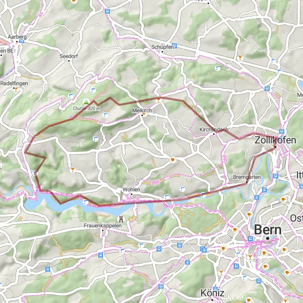 Kartminiatyr av "Espace Mittelland-Bremgarten-Bawartenhubel-Chutzenturm-Meikirch-Kirchlindach" sykkelinspirasjon i Espace Mittelland, Switzerland. Generert av Tarmacs.app sykkelrutoplanlegger