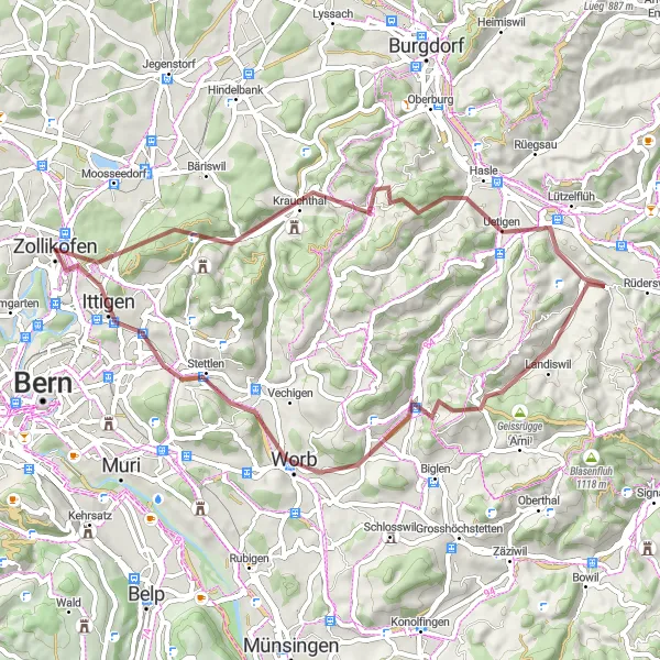 Zemljevid v pomanjšavi "Gravel avantura okoli Zollikofena" kolesarske inspiracije v Espace Mittelland, Switzerland. Generirano z načrtovalcem kolesarskih poti Tarmacs.app