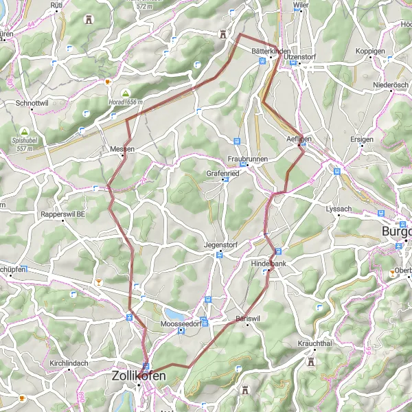 Kartminiatyr av "Lantlig Grusvägstur" cykelinspiration i Espace Mittelland, Switzerland. Genererad av Tarmacs.app cykelruttplanerare