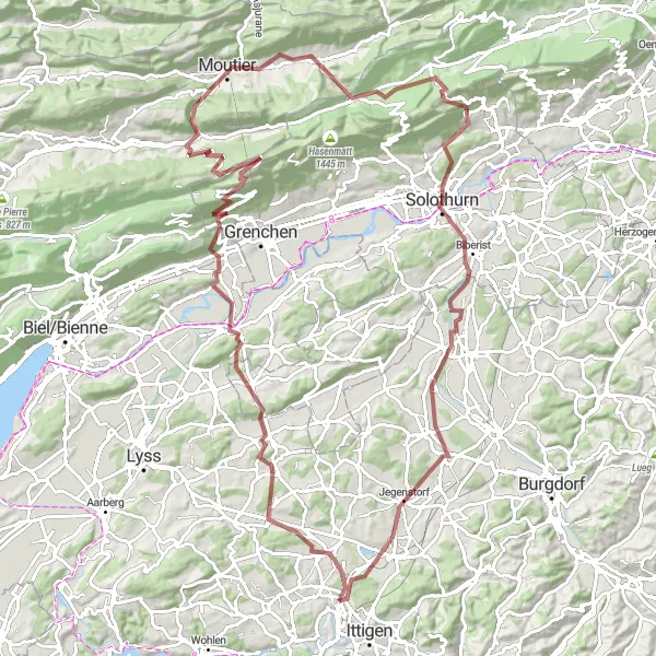 Zemljevid v pomanjšavi "Gravelska avantura okoli Espace Mittelland" kolesarske inspiracije v Espace Mittelland, Switzerland. Generirano z načrtovalcem kolesarskih poti Tarmacs.app