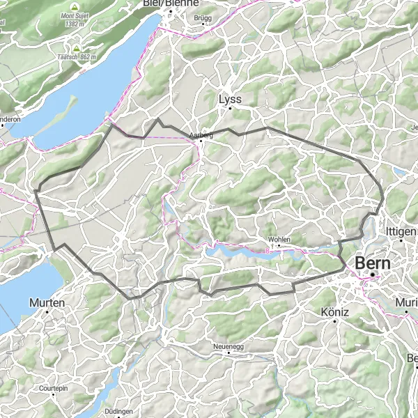 Miniatuurkaart van de fietsinspiratie "Rit naar Aarberg en terug" in Espace Mittelland, Switzerland. Gemaakt door de Tarmacs.app fietsrouteplanner