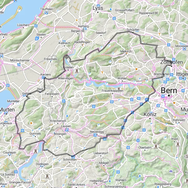 Zemljevid v pomanjšavi "Zollikofen - Oberlindach - Zollikofen" kolesarske inspiracije v Espace Mittelland, Switzerland. Generirano z načrtovalcem kolesarskih poti Tarmacs.app