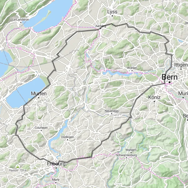 Karten-Miniaturansicht der Radinspiration "Rundfahrt durch Fribourg und Murten" in Espace Mittelland, Switzerland. Erstellt vom Tarmacs.app-Routenplaner für Radtouren