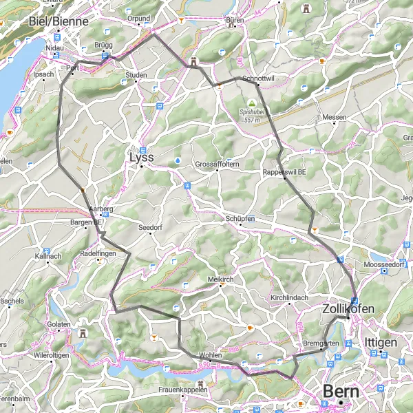 Kartminiatyr av "Kulturella stopp och natursköna vyer" cykelinspiration i Espace Mittelland, Switzerland. Genererad av Tarmacs.app cykelruttplanerare