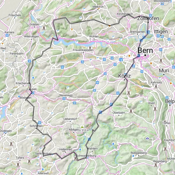 Kartminiatyr av "Zollikofen - Schwarzenburg - Laupen Loop" sykkelinspirasjon i Espace Mittelland, Switzerland. Generert av Tarmacs.app sykkelrutoplanlegger