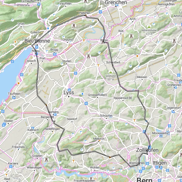 Miniature de la carte de l'inspiration cycliste "Parcours Pittoresque autour de Zollikofen" dans la Espace Mittelland, Switzerland. Générée par le planificateur d'itinéraire cycliste Tarmacs.app