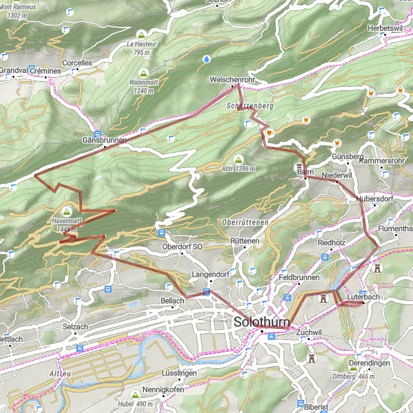 Miniatua del mapa de inspiración ciclista "Aventura en gravilla por las colinas suizas" en Espace Mittelland, Switzerland. Generado por Tarmacs.app planificador de rutas ciclistas