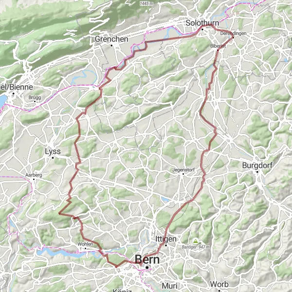 Kartminiatyr av "Grusväg till Solothurn och Bern" cykelinspiration i Espace Mittelland, Switzerland. Genererad av Tarmacs.app cykelruttplanerare