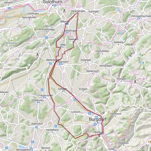 Zemljevid v pomanjšavi "Gravel Route Zuchwil - Espace Mittelland" kolesarske inspiracije v Espace Mittelland, Switzerland. Generirano z načrtovalcem kolesarskih poti Tarmacs.app