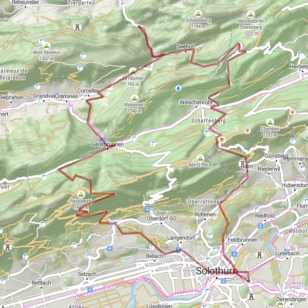 Map miniature of "The Ultimate Gravel Challenge: Zuchwil to Solothurn" cycling inspiration in Espace Mittelland, Switzerland. Generated by Tarmacs.app cycling route planner