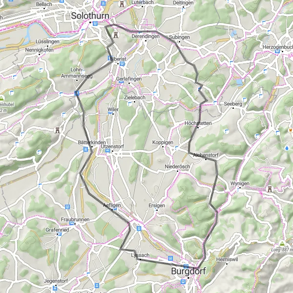 Mapa miniatúra "Burgdorf - Zuchwil Cyklistická trasa" cyklistická inšpirácia v Espace Mittelland, Switzerland. Vygenerované cyklistickým plánovačom trás Tarmacs.app