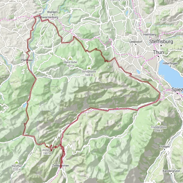 Miniatua del mapa de inspiración ciclista "Ruta de Grava de Zweisimmen" en Espace Mittelland, Switzerland. Generado por Tarmacs.app planificador de rutas ciclistas