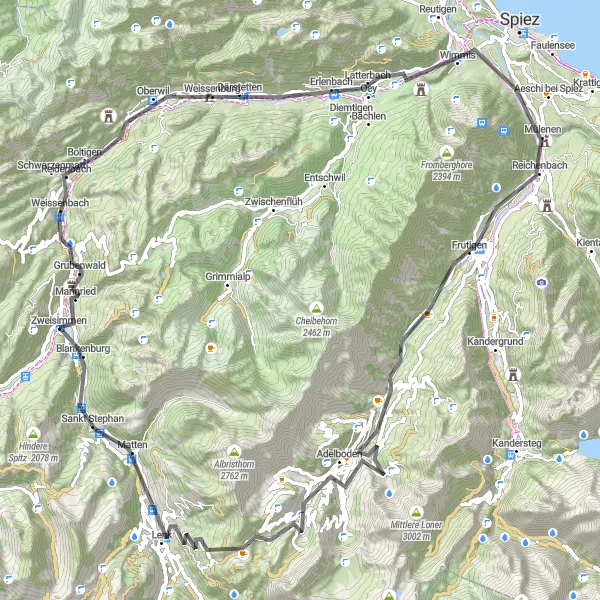 Mapa miniatúra "Výlet cez Frutigenské údolie a Adelboden" cyklistická inšpirácia v Espace Mittelland, Switzerland. Vygenerované cyklistickým plánovačom trás Tarmacs.app
