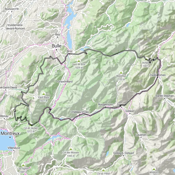 Miniatua del mapa de inspiración ciclista "Ruta de Carretera de Saanenmöser" en Espace Mittelland, Switzerland. Generado por Tarmacs.app planificador de rutas ciclistas