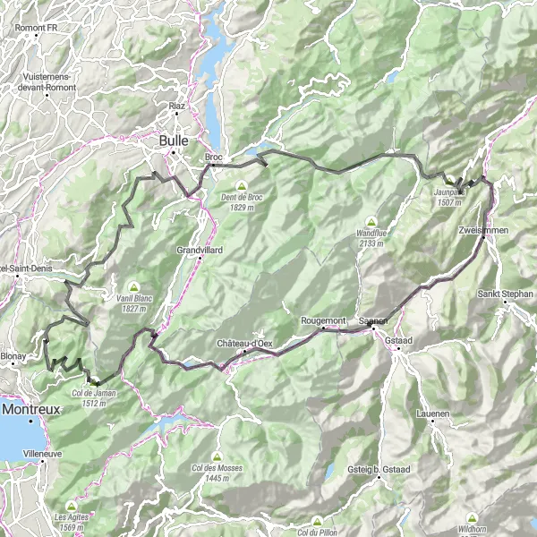 Miniature de la carte de l'inspiration cycliste "Dent de Jaman et Galgebüel: Aventure à Saanen et Broc" dans la Espace Mittelland, Switzerland. Générée par le planificateur d'itinéraire cycliste Tarmacs.app