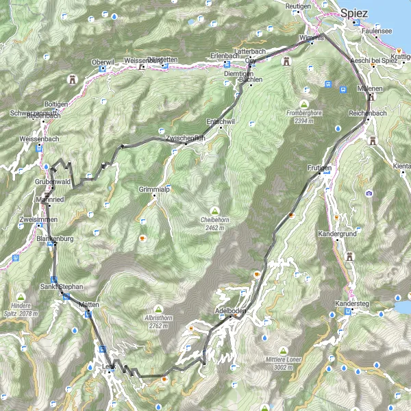 Miniatura della mappa di ispirazione al ciclismo "Avventura ciclistica tra le vallate tra Zweisimmen e Lenk" nella regione di Espace Mittelland, Switzerland. Generata da Tarmacs.app, pianificatore di rotte ciclistiche