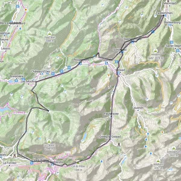 Miniatua del mapa de inspiración ciclista "Ruta de ciclismo de carretera de Zweisimmen" en Espace Mittelland, Switzerland. Generado por Tarmacs.app planificador de rutas ciclistas