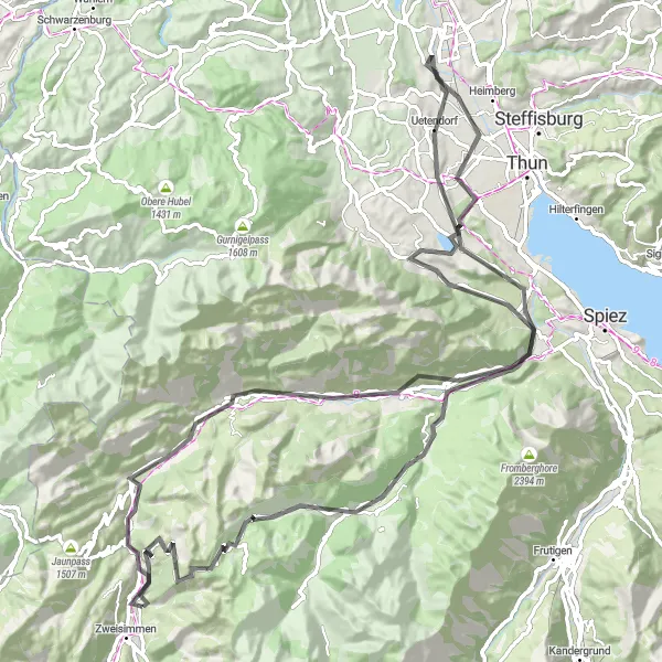 Miniatura della mappa di ispirazione al ciclismo "Itinerario ciclistico da Zweisimmen a Burgflue" nella regione di Espace Mittelland, Switzerland. Generata da Tarmacs.app, pianificatore di rotte ciclistiche