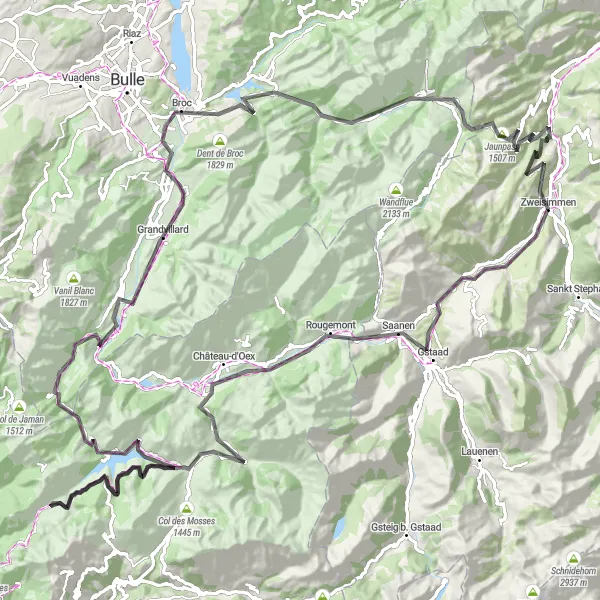 Zemljevid v pomanjšavi "Snežni vrhovi in slikovite vasi" kolesarske inspiracije v Espace Mittelland, Switzerland. Generirano z načrtovalcem kolesarskih poti Tarmacs.app