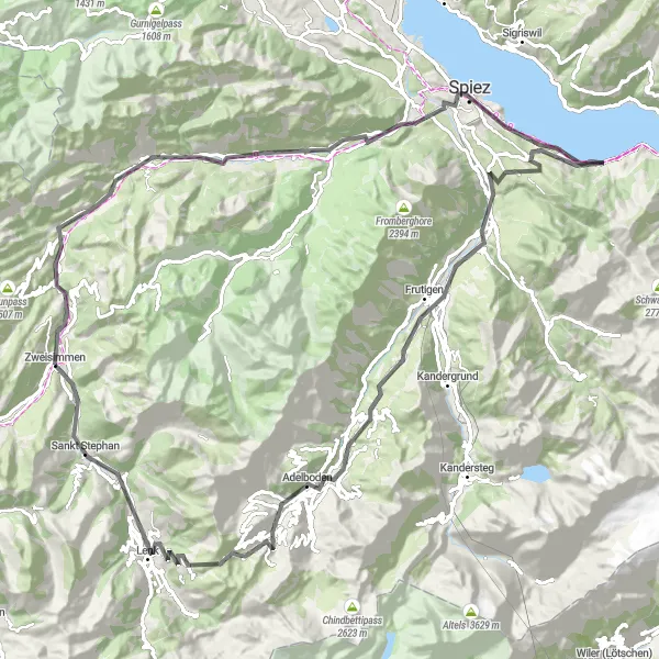 Miniatura della mappa di ispirazione al ciclismo "Tour in bicicletta da Zweisimmen ad Aeschi bei Spiez" nella regione di Espace Mittelland, Switzerland. Generata da Tarmacs.app, pianificatore di rotte ciclistiche