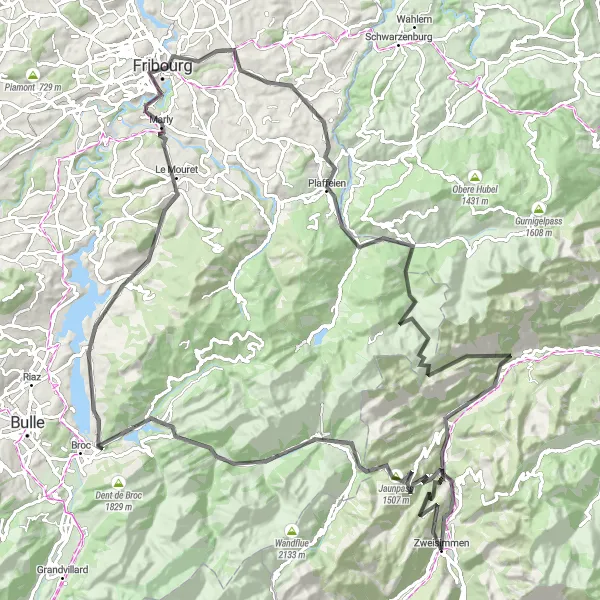 Map miniature of "Road Cycling Route - Zweisimmen to Gruyères" cycling inspiration in Espace Mittelland, Switzerland. Generated by Tarmacs.app cycling route planner