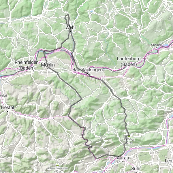 Miniatua del mapa de inspiración ciclista "Ruta de Ciclismo de Aarau a Wehr" en Nordwestschweiz, Switzerland. Generado por Tarmacs.app planificador de rutas ciclistas