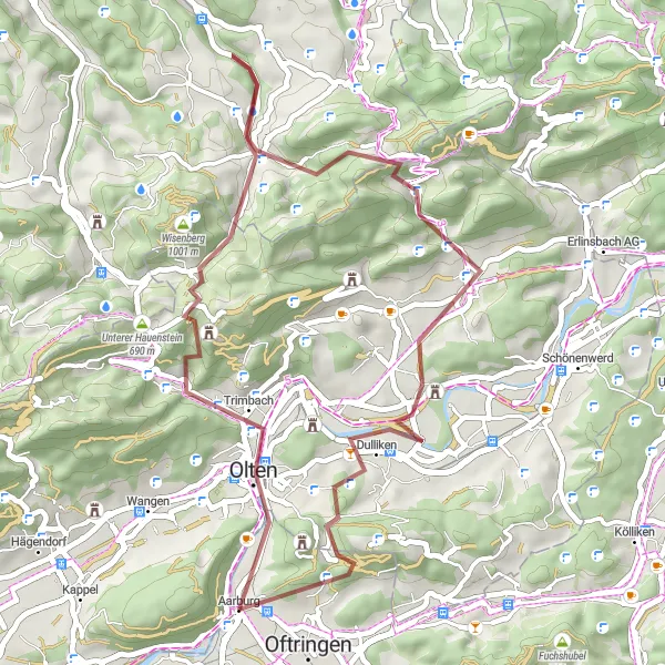 Miniatura della mappa di ispirazione al ciclismo "Scoperta dei tesori nascosti in bicicletta da Aarburg" nella regione di Nordwestschweiz, Switzerland. Generata da Tarmacs.app, pianificatore di rotte ciclistiche