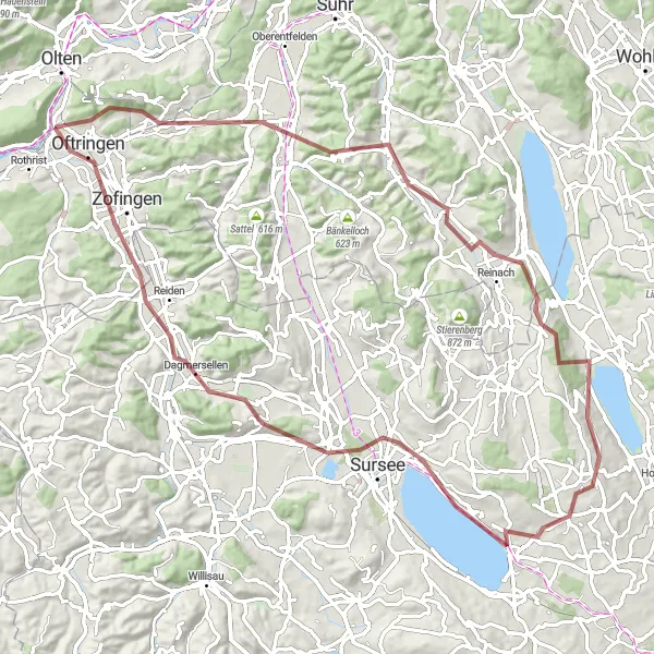 Zemljevid v pomanjšavi "Gorska dogodivščina od Safenwila do Dagmersellna" kolesarske inspiracije v Nordwestschweiz, Switzerland. Generirano z načrtovalcem kolesarskih poti Tarmacs.app