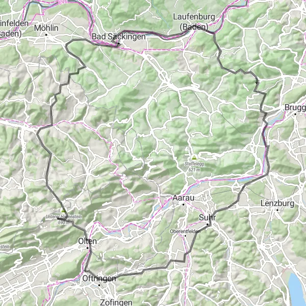 Karttaminiaatyyri "Aarburg - Olten - Aarburg" pyöräilyinspiraatiosta alueella Nordwestschweiz, Switzerland. Luotu Tarmacs.app pyöräilyreittisuunnittelijalla