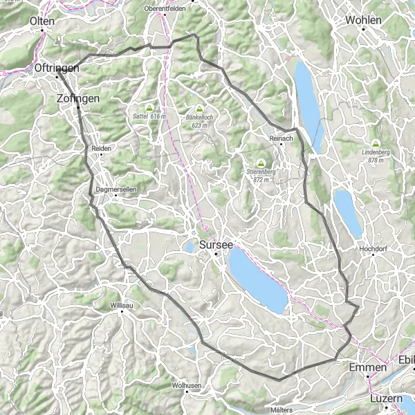 Miniaturekort af cykelinspirationen "Rundtur på landevejen fra Aarburg til Zofingen" i Nordwestschweiz, Switzerland. Genereret af Tarmacs.app cykelruteplanlægger