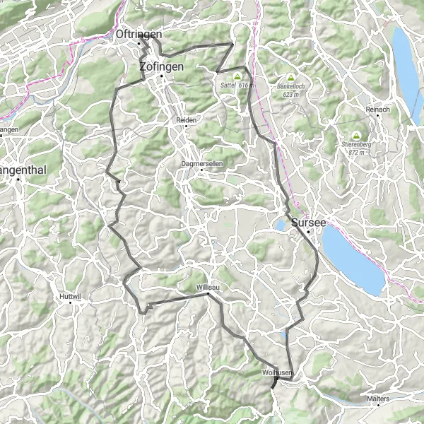 Karttaminiaatyyri "Aarburg - Willisau Loop" pyöräilyinspiraatiosta alueella Nordwestschweiz, Switzerland. Luotu Tarmacs.app pyöräilyreittisuunnittelijalla