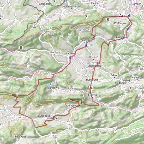 Miniatura della mappa di ispirazione al ciclismo "Esplorazione dei boschi e montagne della Nordwestschweiz" nella regione di Nordwestschweiz, Switzerland. Generata da Tarmacs.app, pianificatore di rotte ciclistiche