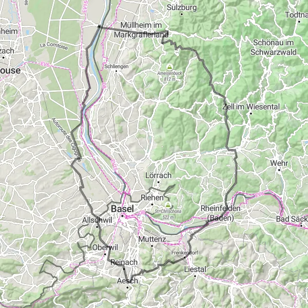 Karttaminiaatyyri "Achs - Wasserturm Allschwil - Dornach Road Cycling Tour" pyöräilyinspiraatiosta alueella Nordwestschweiz, Switzerland. Luotu Tarmacs.app pyöräilyreittisuunnittelijalla