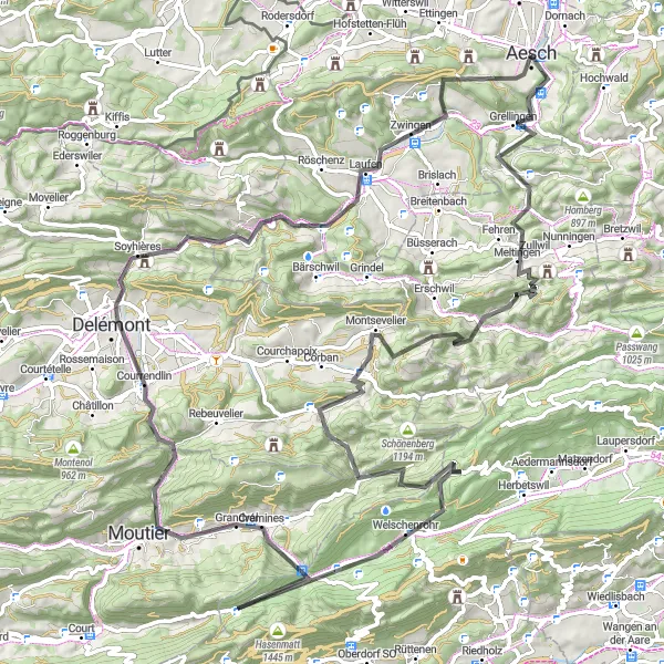 Map miniature of "Wiggling through the Jura Mountains" cycling inspiration in Nordwestschweiz, Switzerland. Generated by Tarmacs.app cycling route planner