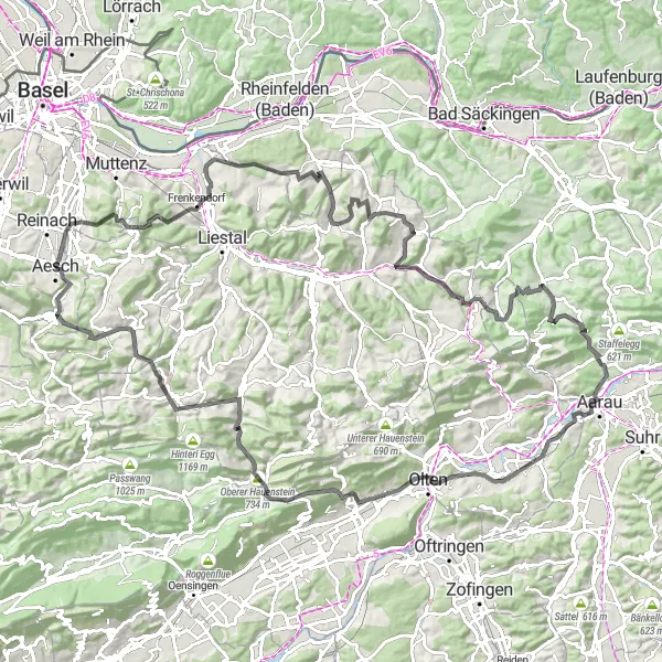 Miniatua del mapa de inspiración ciclista "Ruta de ciclismo de carretera desde Aesch" en Nordwestschweiz, Switzerland. Generado por Tarmacs.app planificador de rutas ciclistas